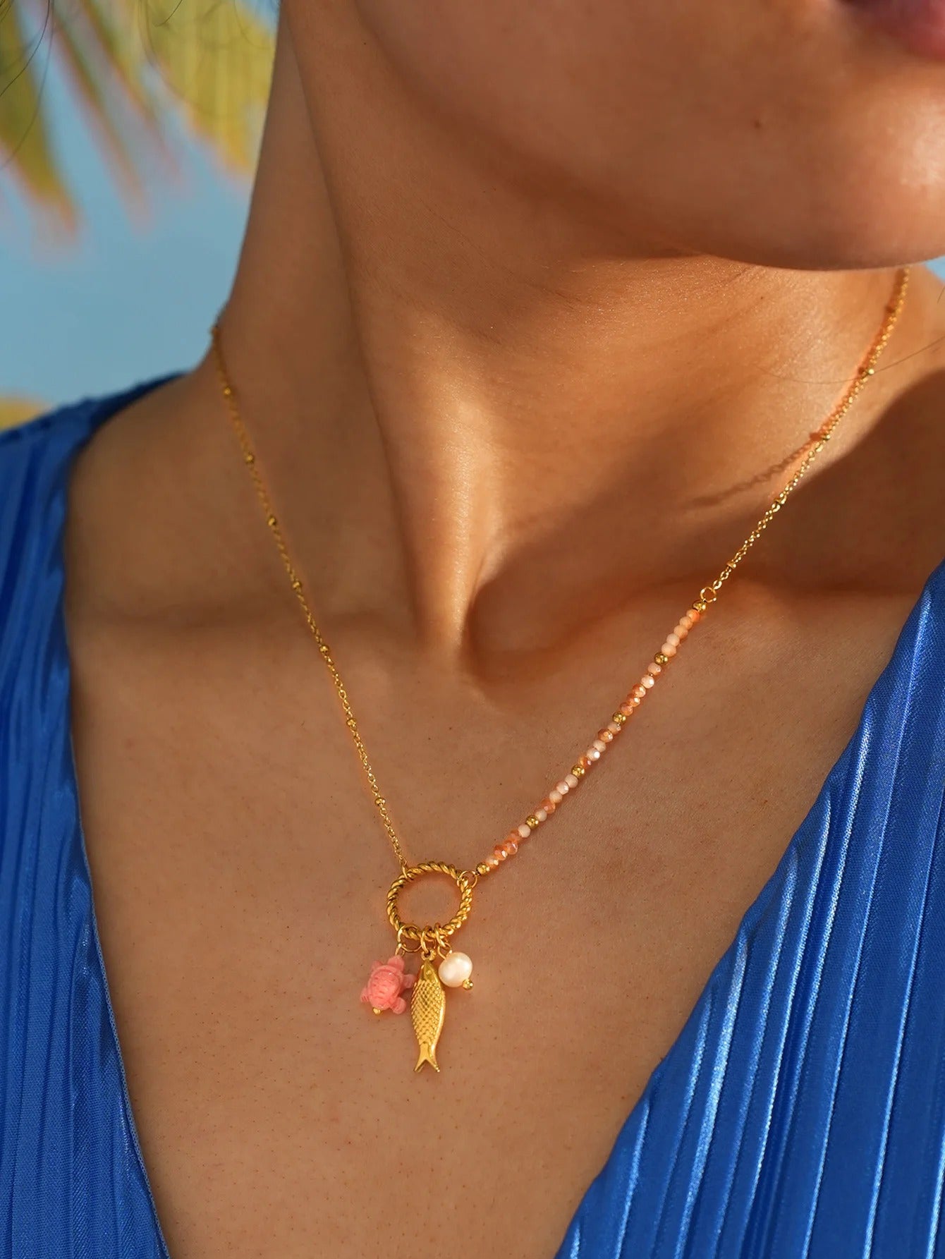 Stainless Steel Natural Freshwater Pearl Fish Shape Pendant Necklace For Women 18K Gold Plated Waterproof Jewelry For Vacation