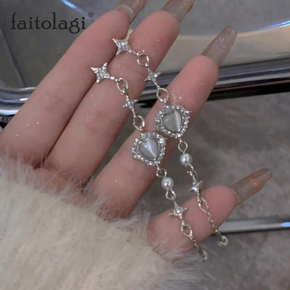 Y2K Korean Star Tassel Heart Opal Thread Earrings Women