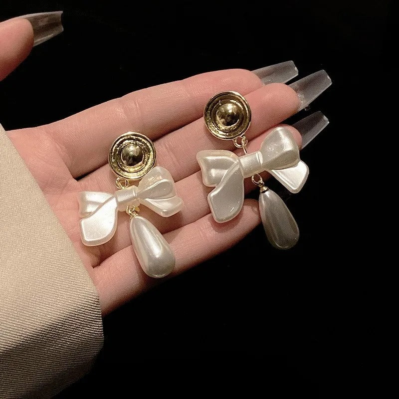 French Style 925 Silver Bow Earrings with Droplet Pearl for Women Jewelry