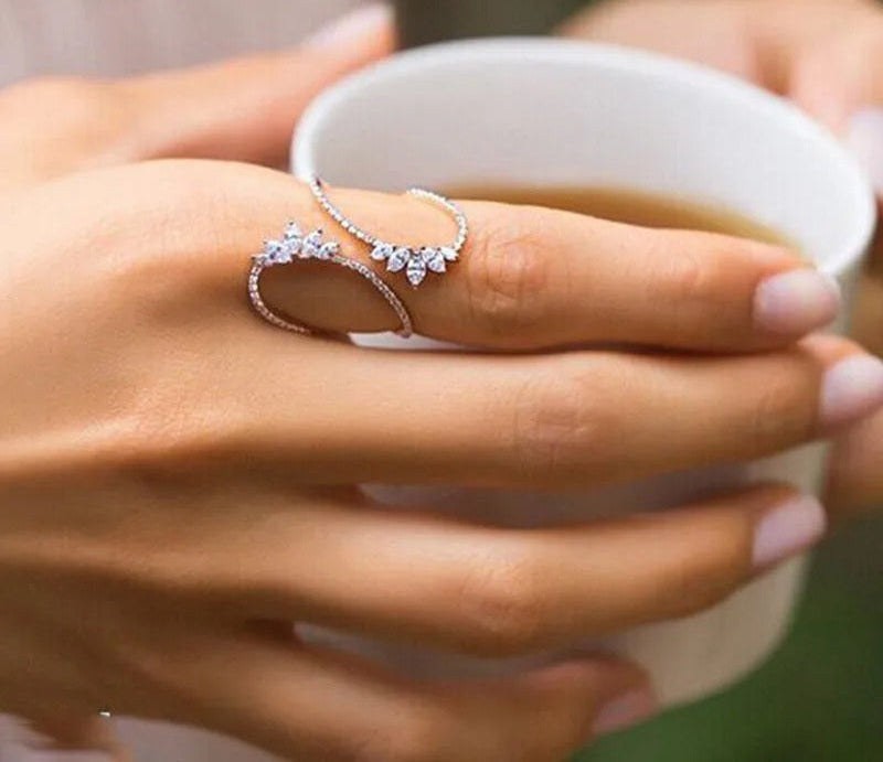 Cute Style White Color CZ Zirconia Leaf Open Rings Geometric Adjustable Ring Jewelry for Women Party Gift