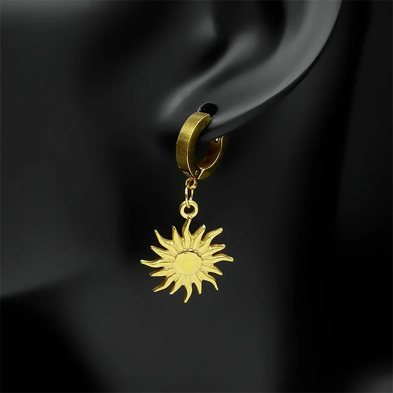 Sun Pendant Hoop Earrings Stainless Steel Gold for Men and Women