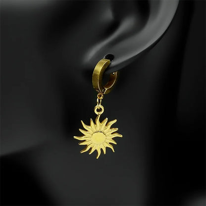 Sun Pendant Hoop Earrings Stainless Steel Gold for Men and Women
