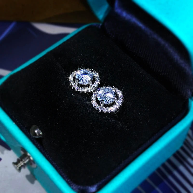 Silver High-End Fashion Jewelry White Zircon Round Earrings Exquisite Diamond-Studded Crystal Earrings Ladies Party