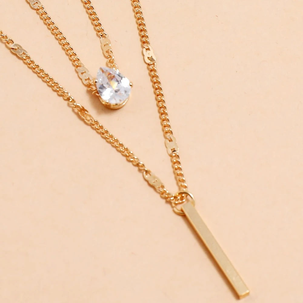 2Pcs Layered Water Drop Zircon Necklace Set for Women