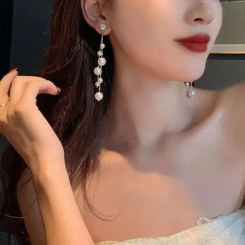 Long Earrings Elegant Pearl Tassel Earrings for Women Crystal Drop Earrings Korean Fashion Dangle Earrings Wedding Party Jewelry