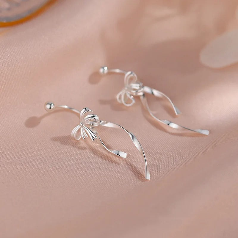 925 Silver Ribbon Bow Screw Earrings Women Long Fringe Jewelry