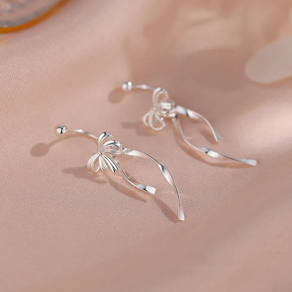925 Silver Ribbon Bow Screw Earrings Women Long Fringe Jewelry