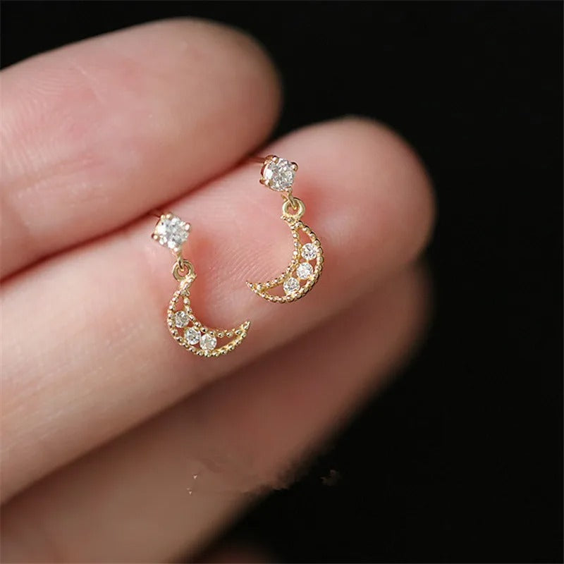 925 Sterling Silver Gold Plated Crystal Moon Stud Earrings for Women