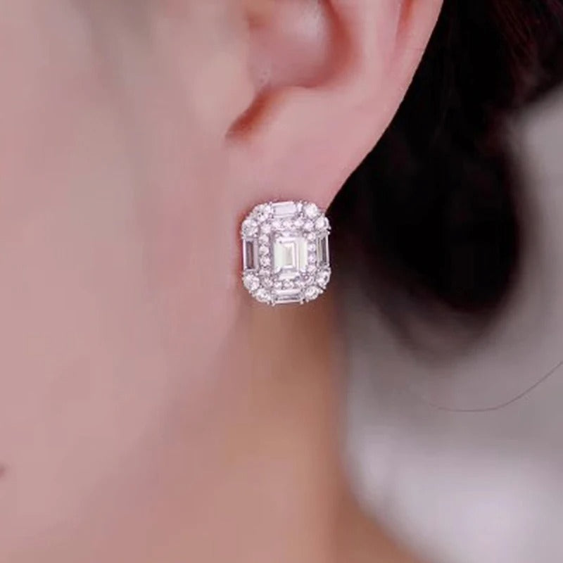 Luxury Geometric CZ Crystal Stud Earrings for Women Bridal Jewelry