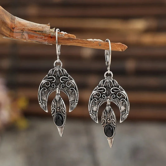 Vintage Silver Color Round Leaf Dangle Earrings Metal Carving Earrings for Women