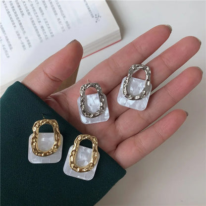 White Acrylic Square Drop Earrings Women Gold Metal Dangle Jewelry
