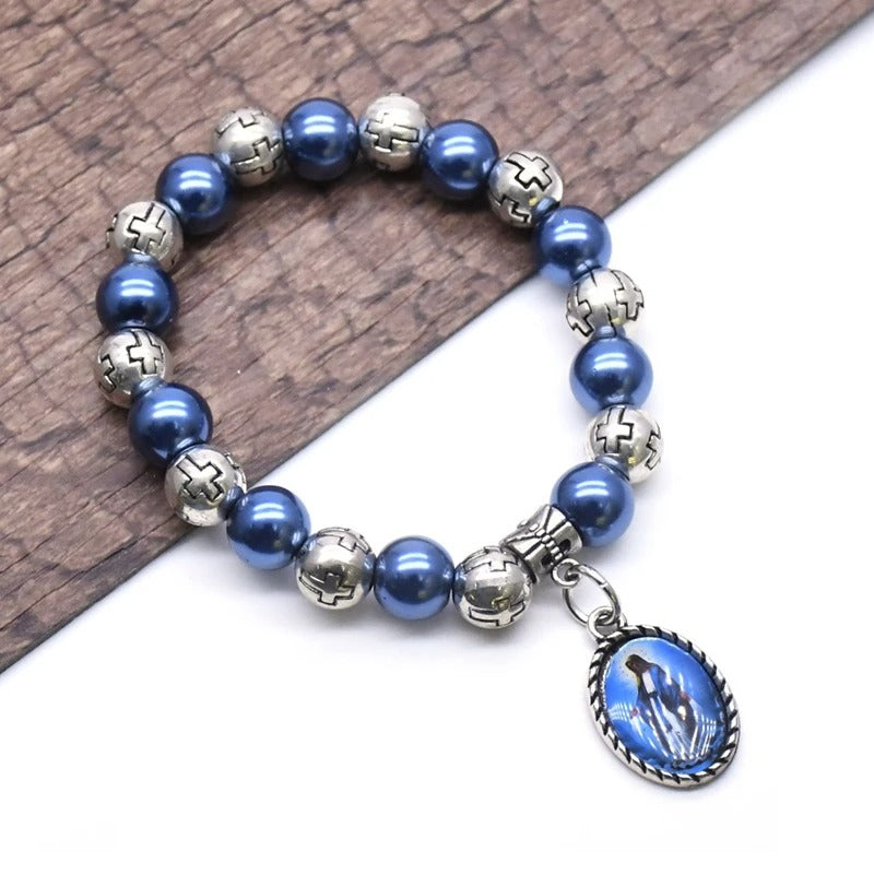 Virgin Pendant Rosary Bracelets Elastic Plastic Pearl Beads Strand Religious Jewelry