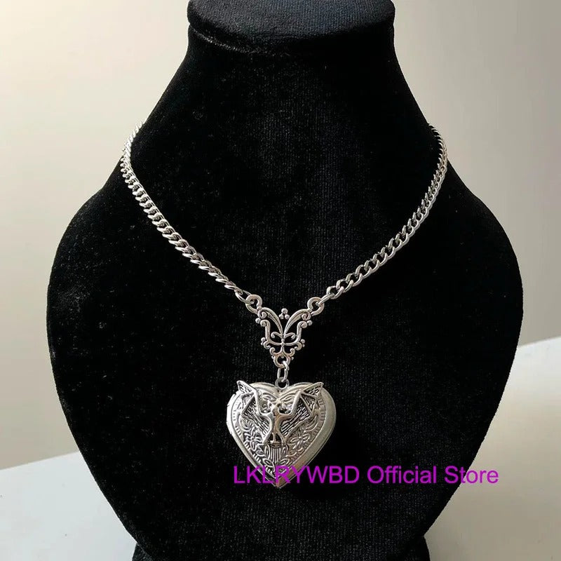 Gothic Bat Locket Necklace Vintage Vampire Jewelry for Women