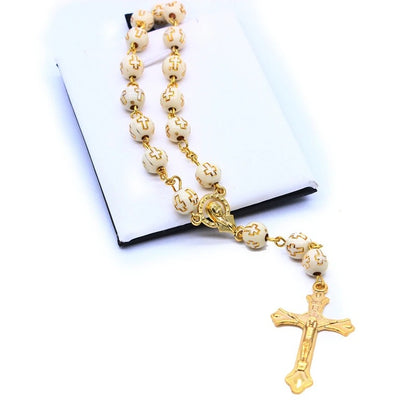 Beige Car Rosary Beaded Bracelet Cross Pendant for Men & Women