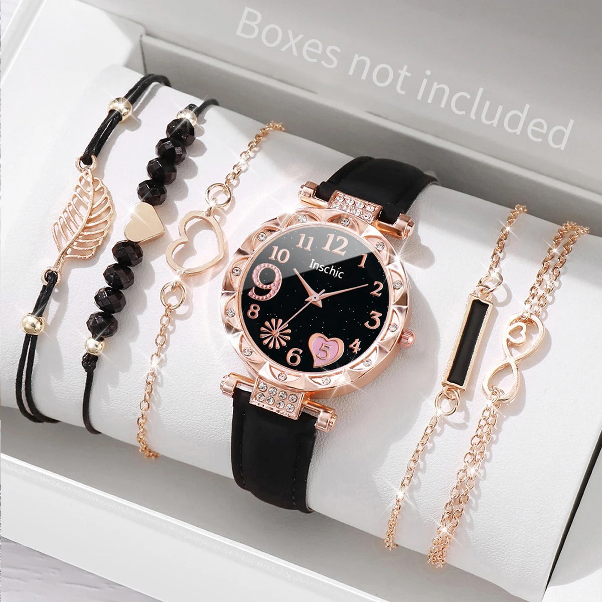 6PCS Women’s Heart Dial Watch & Leaf Bracelet Set Casual Leather
