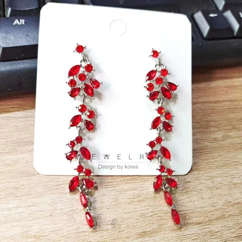 Women’s Leaf Long Tassel Earrings Full Zircon Party Wedding Jewelry