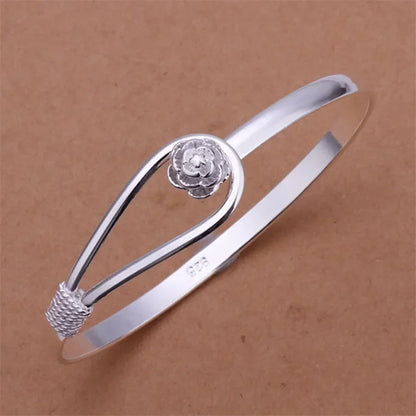 Silver Plated Flower Bangle Bracelet Women's Fashion Wedding Jewelry Gift