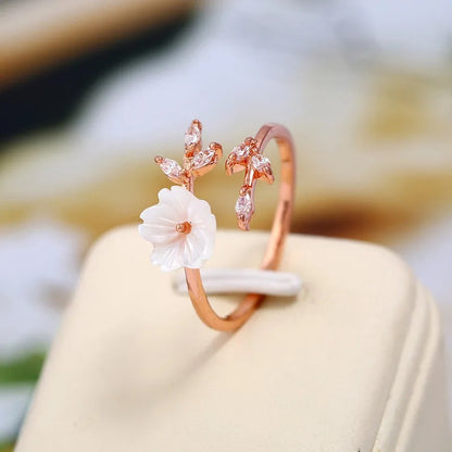 Women’s Adjustable Zircon Leaf Shell Flower Ring Rose Gold Jewelry