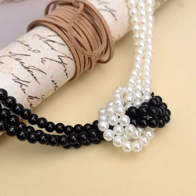 Layered Black & White Pearl Necklace Women Chic Statement Jewelry