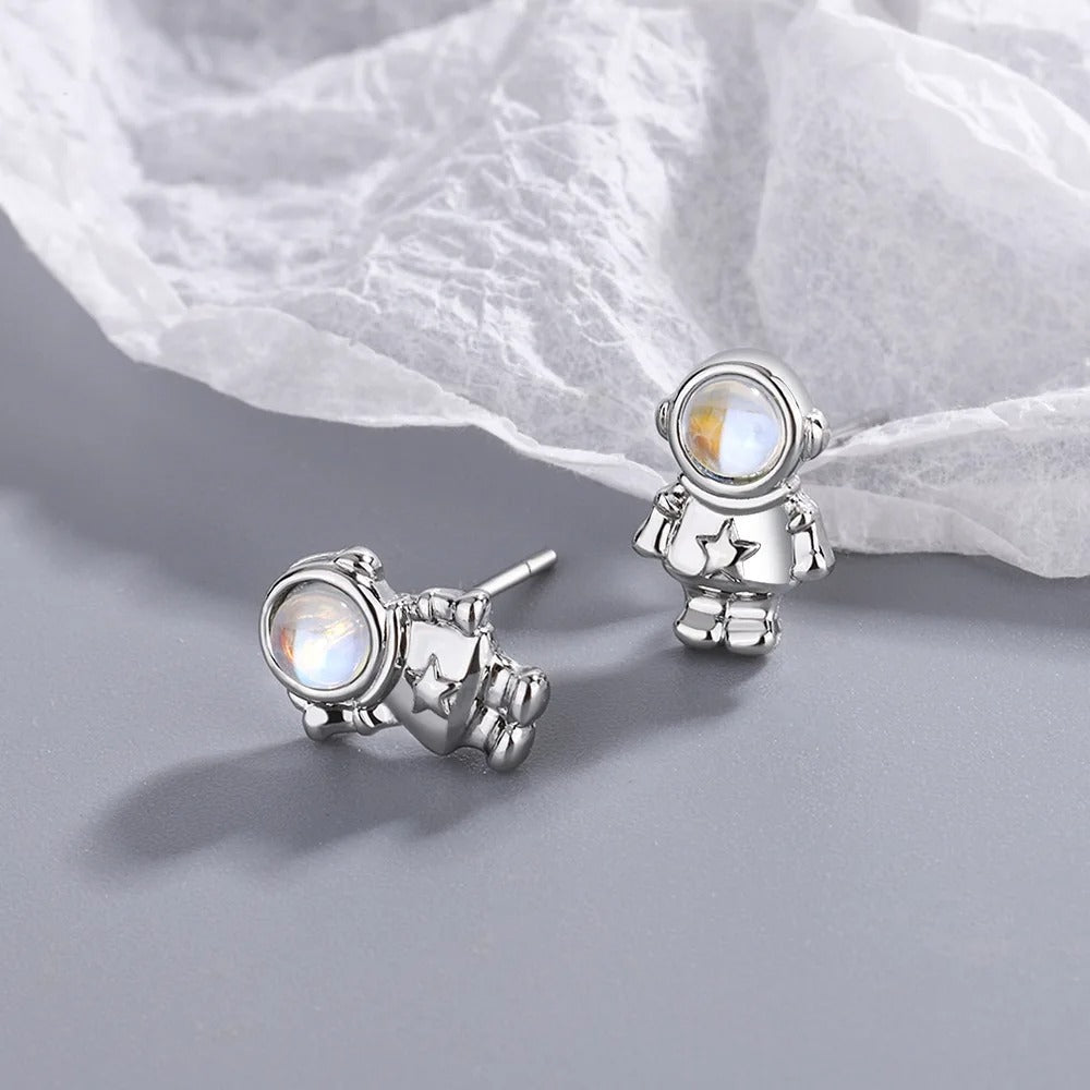 New 925 Sterling Silver Small Astronaut Crystal Stud Earrings