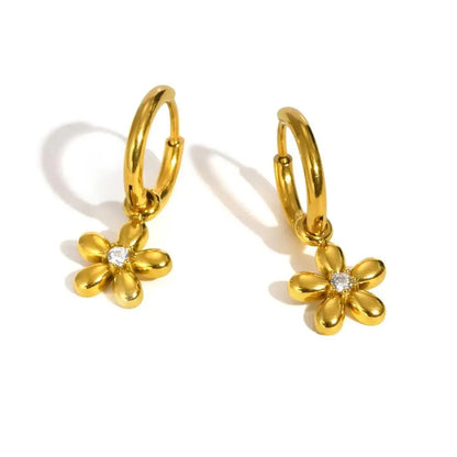 Gold Zircon Flower Hoop Earrings for Women Fashion Stainless Steel Jewelry