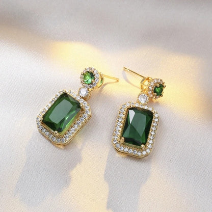 Green Square Crystal Dangle Earrings Women Korean Fashion Jewelry