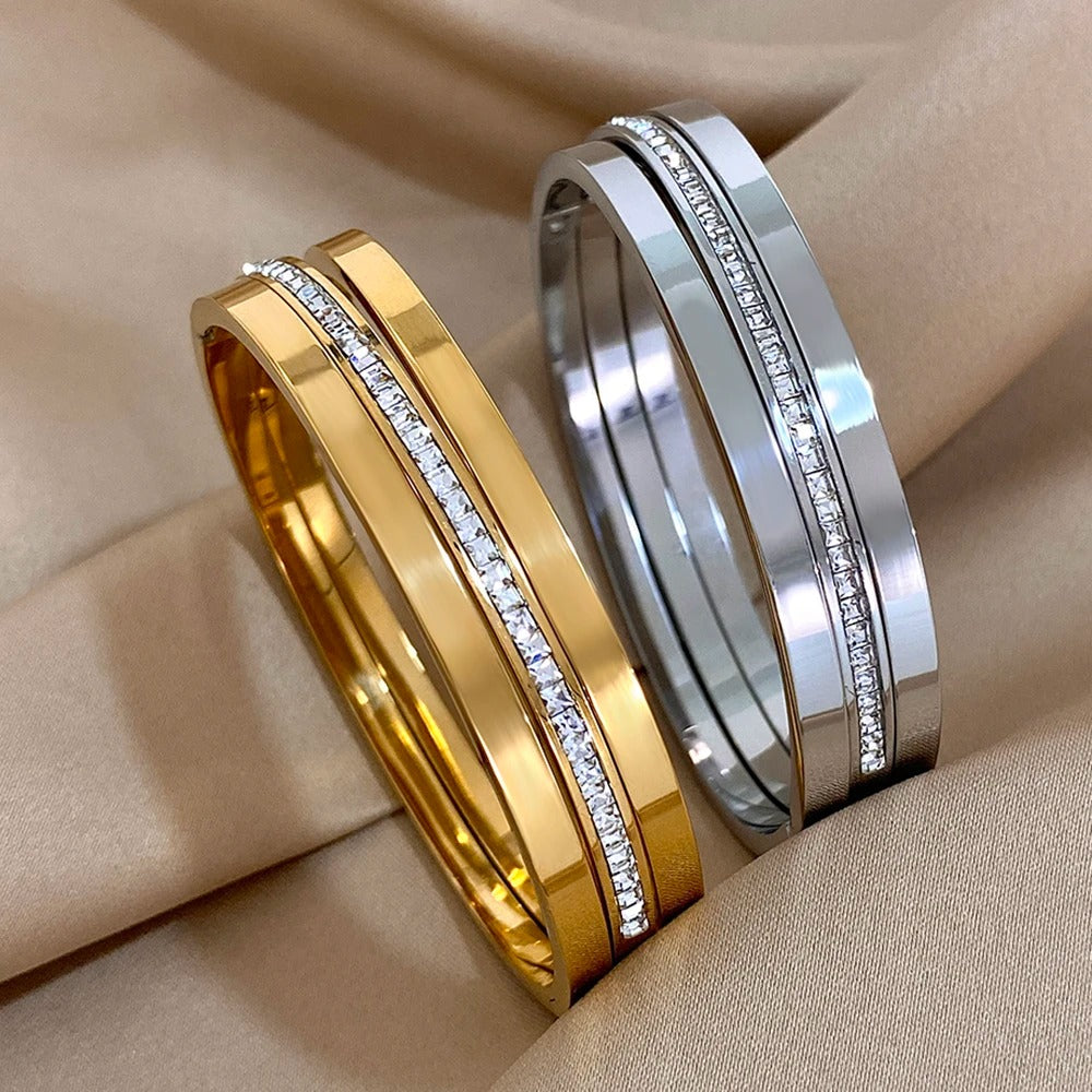 3PCS Gold Plated Crystal Cuff Bracelets for Women Stackable