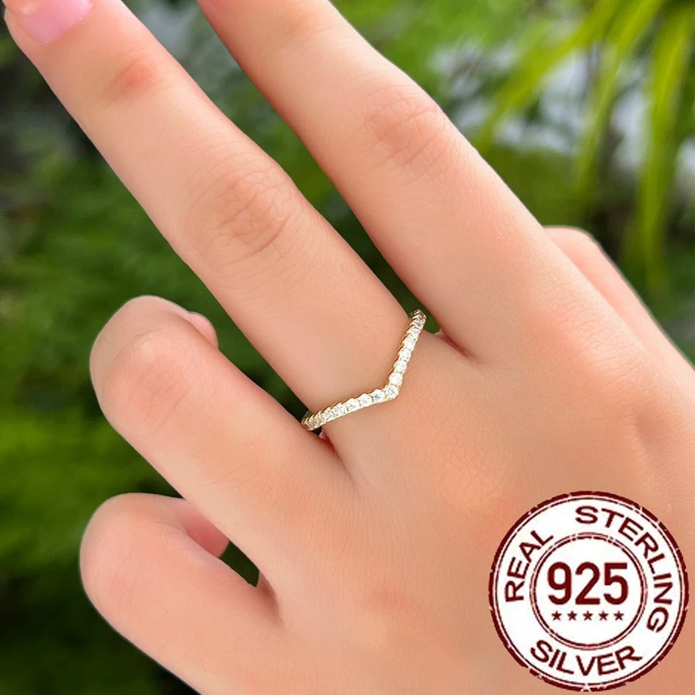 925 Sterling Silver Stackable V-Shaped Rings for Women CZ & Gold Plated