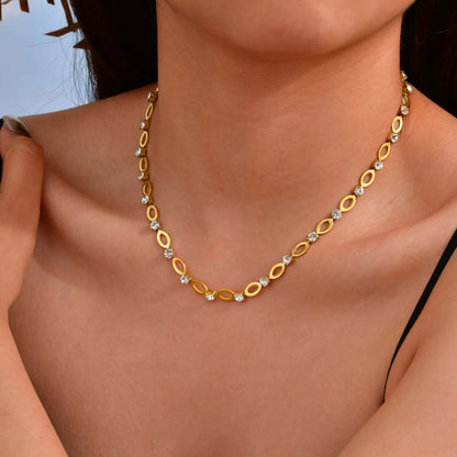 White Zircon Hollow Oval Handmade Chain Necklace,Gold Color Women's Stainless Steel Necklaces,Exquisite Jewelry Gifts