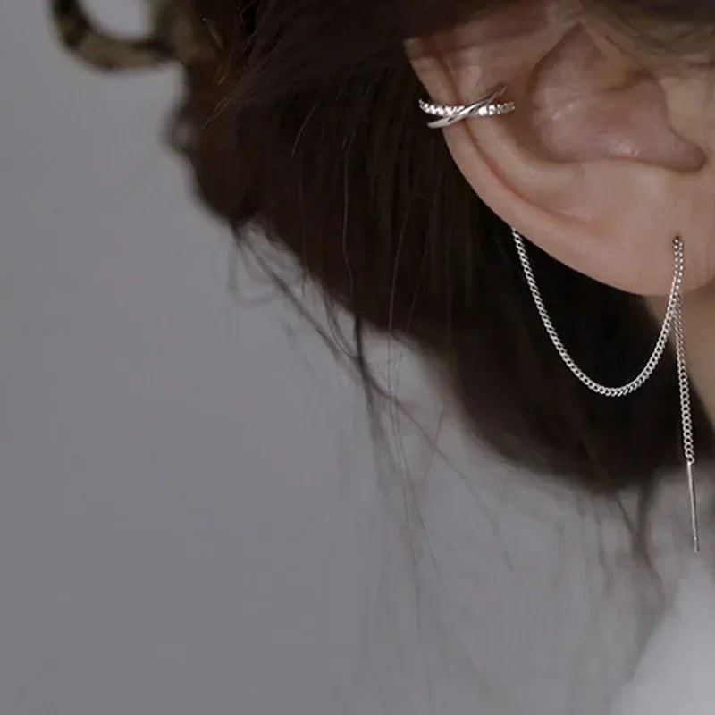 1PC Silver Color Crystal Tassel Cuff Ear Clip Earring for Women Shiny Rhinestone Chain Piercing Jewelry Fashion