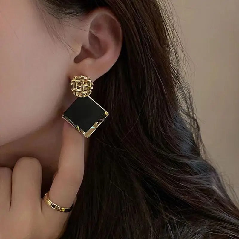 Double Color Rhombus Shape Dangle Earrings for Women Hollow Golden Metal Lattice Drop Earrings Geometry Party Punk Jewelry