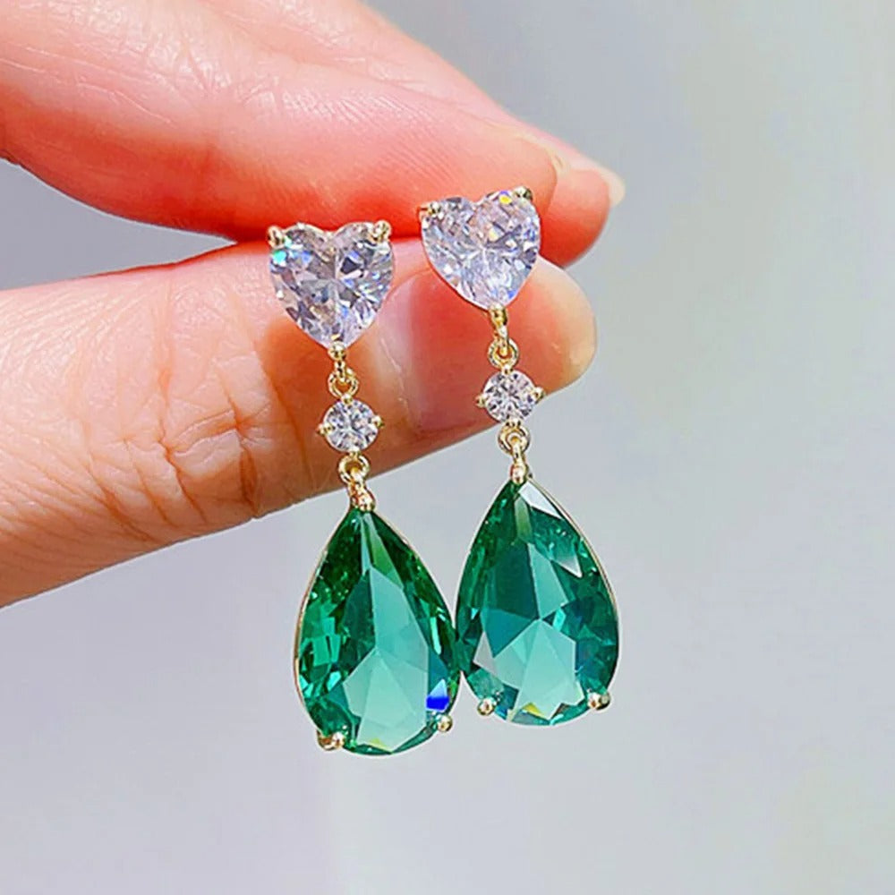 Aesthetic Green/Blue Cubic Zirconia Dangle Earrings for Women Silver Color/Gold Color Wedding Trend Eternity Love Jewelry