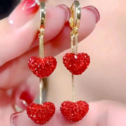 2Pcs Red Heart Zircon Dangle Earrings Women Party Jewelry
