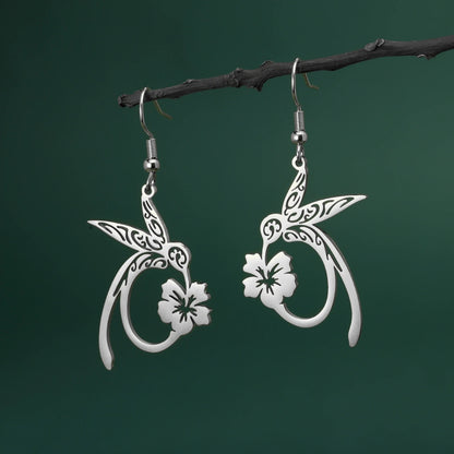 Women’s Hummingbird Flower Pendant Earrings Gold Animal Jewelry Gift