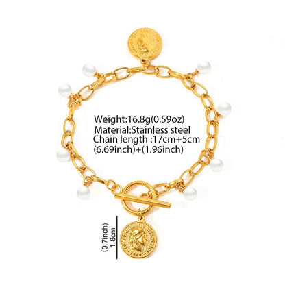 White Imitation Pearl Queen Pendant Bracelet Stainless Steel Women