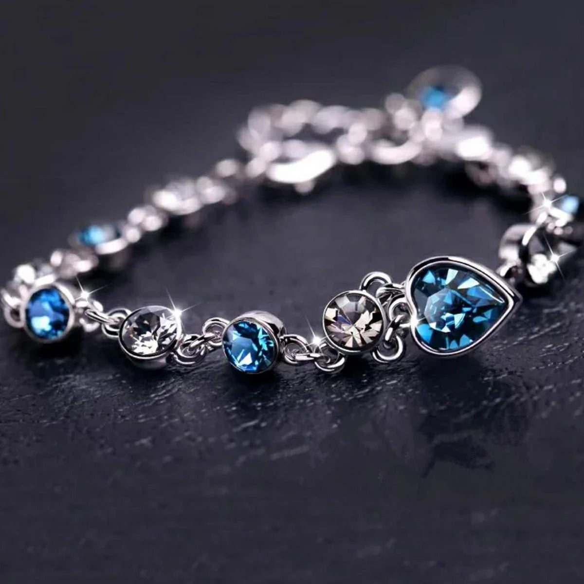 Women Silver Lucky Bracelet Blue Crystal Heart Charm Bridal Jewelry
