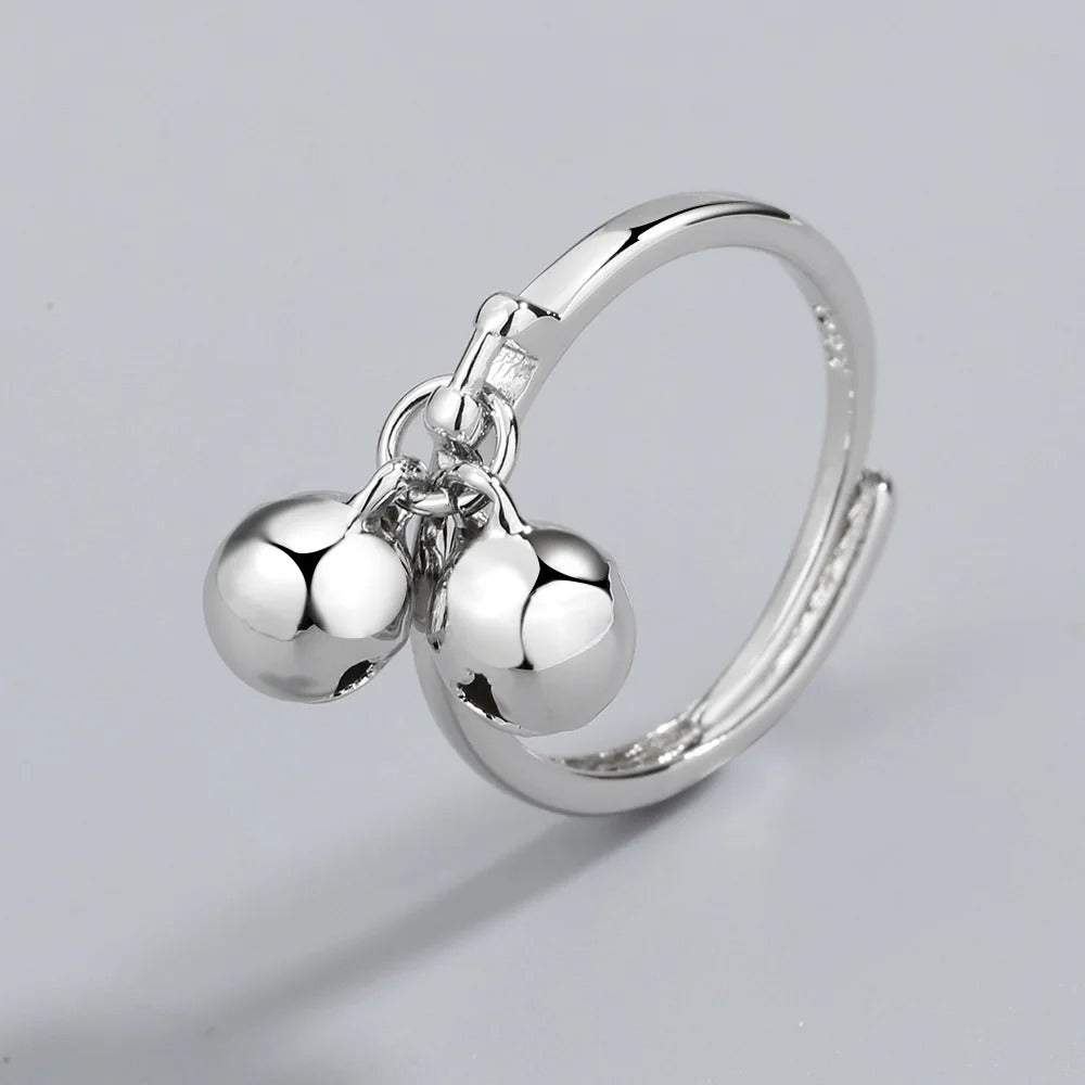 925 Silver Double Bell Open Ring Women Trendy Party Jewelry