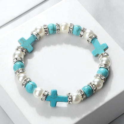 Natural Stone Rosary Cross Bracelet Crystal Pearl Beads Jewelry