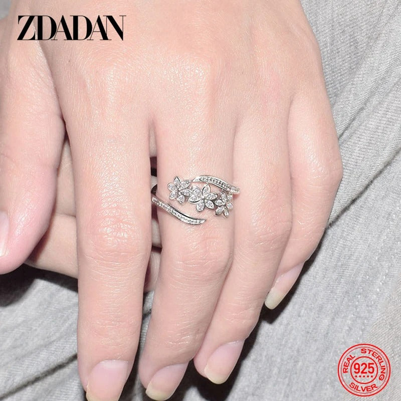 ZDADAN 925 Silver Adjustable CZ Flower Ring for Women