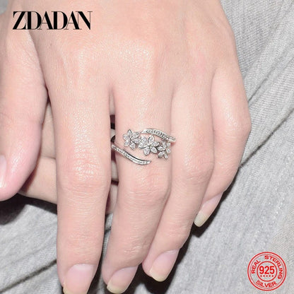 ZDADAN 925 Silver Adjustable CZ Flower Ring for Women