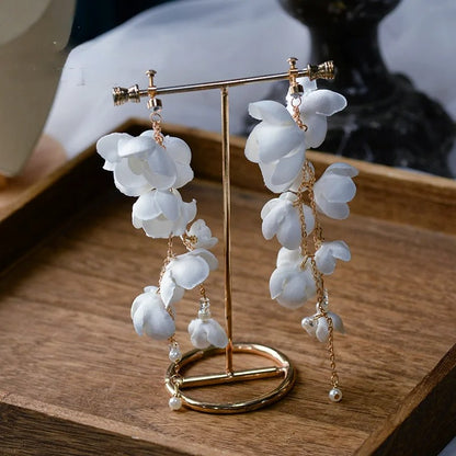 Hand-Beaded Flower Drop Earrings Women Fabric Wedding Jewelry