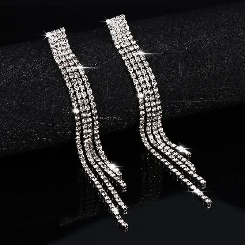 Luxury Rhinestone Crystal Tassel Earrings Women Bridal Jewelry
