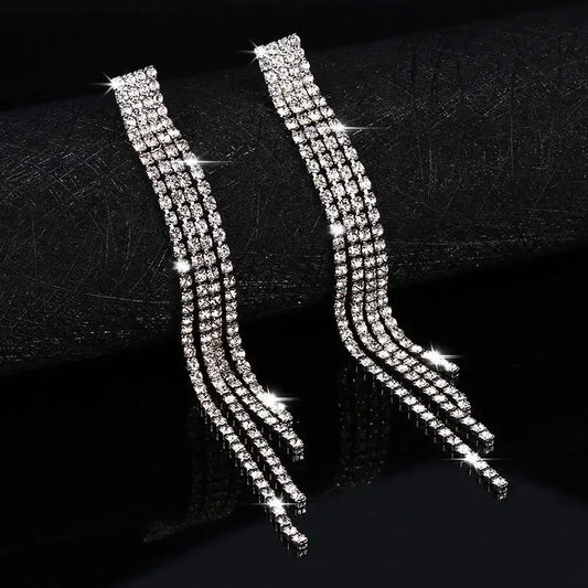Luxury Rhinestone Crystal Tassel Earrings Women Bridal Jewelry