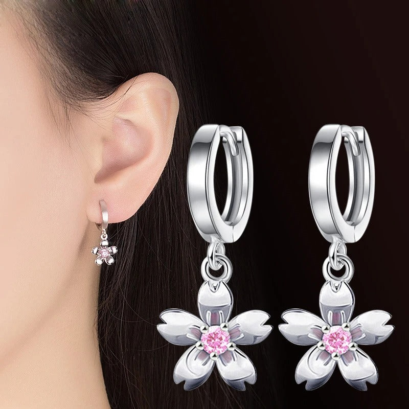 925 Sterling Silver Cherry Blossom Earrings Women Pink White Zircon