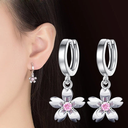 925 Sterling Silver Cherry Blossom Earrings Women Pink White Zircon