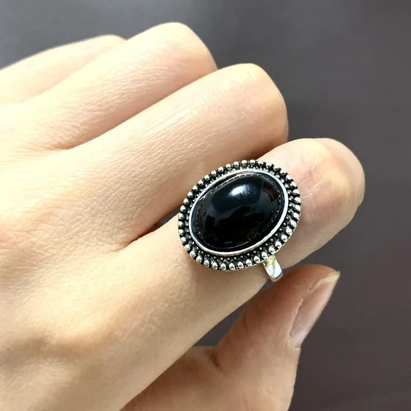 Dark Black Ring Exaggerated Round Agate Stone Anniversary Birthday Gift For Female Luxurious Jewelry For Evening Party