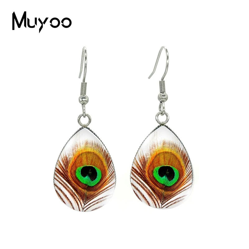 Peacock Design Teardrop Earrings Glass Pendant Earrings
