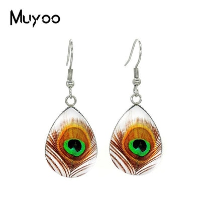 Peacock Design Teardrop Earrings Glass Pendant Earrings