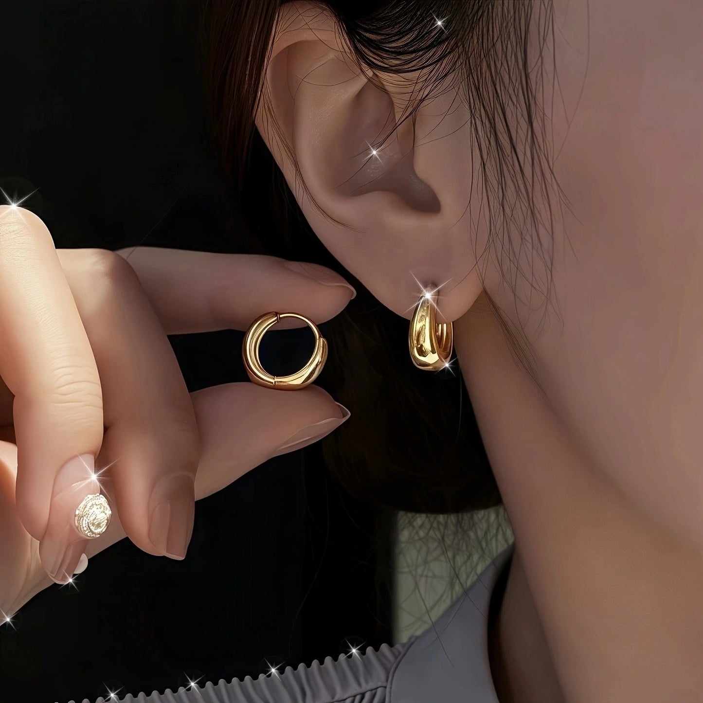 2Pcs Elegant Stainless Steel French Hoop Earrings Women Fashion