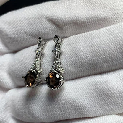 Natural Smoky Quartz Stud Earrings 925 Sterling Silver Women